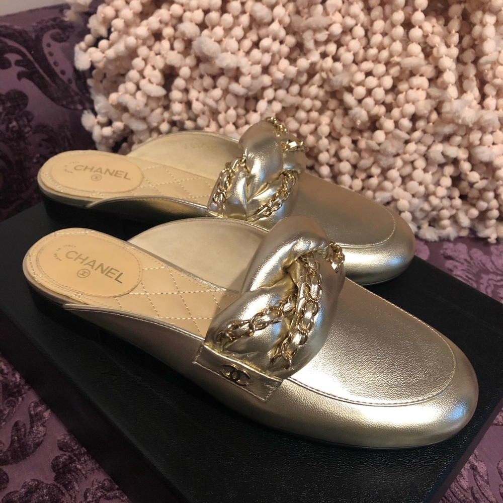 BNIB Chanel braided gold Lambskin mules 38